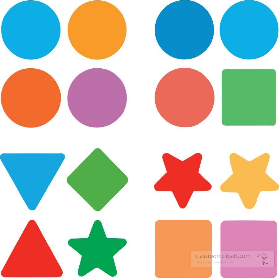Educational kids vector of colorful shapes including circles squares triangles diamonds and stars arranged for early learning activities and shape recognition printables