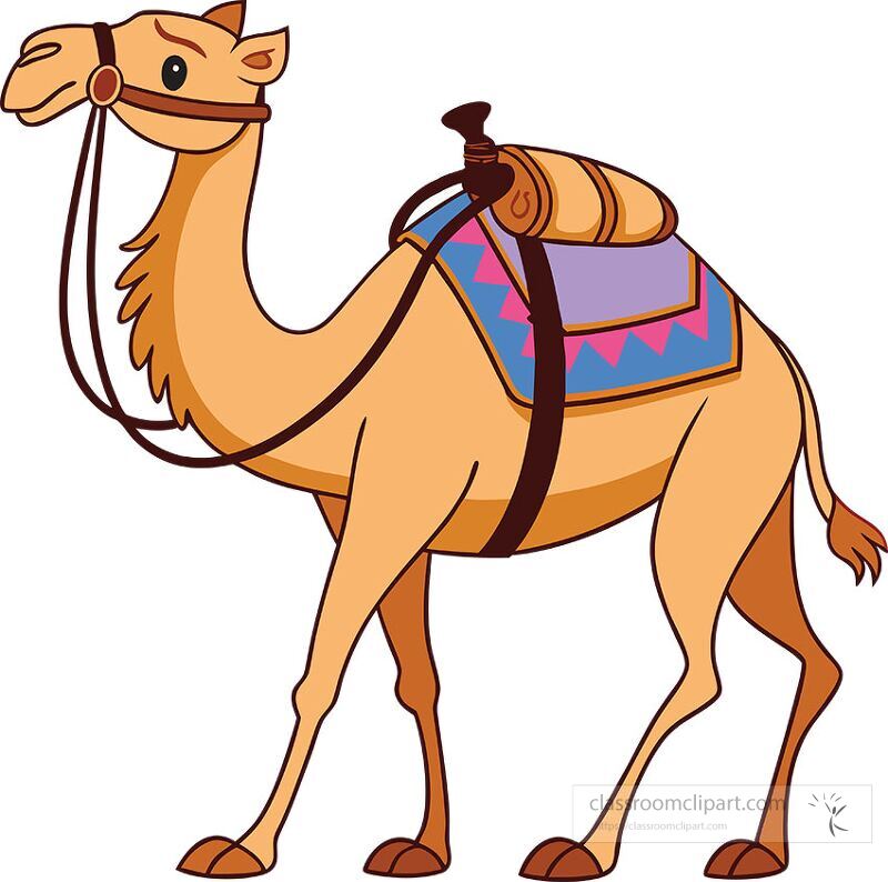 This vibrant cartoon depicts a one hump camel featuring a bridle and saddle The camel stands upright and showcases a friendly expression perfect for illustrations related to desert themes