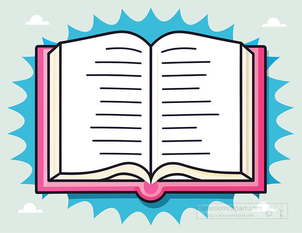 Colorful illustration of an open book with blank lined pages on a bright blue burst background perfect for reading literacy and education projects