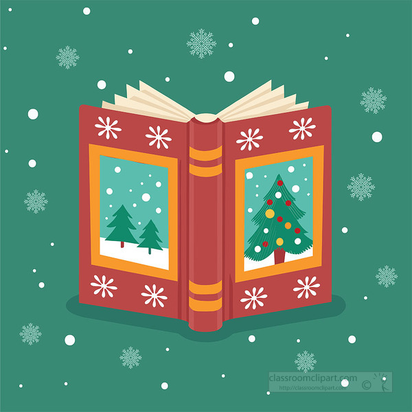 Open red christmas book showing snowy tree scenes with snowflakes falling on a green background