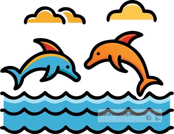 Two cartoon dolphins jumping out of stylized waves, with a sunny sky and clouds in the background.