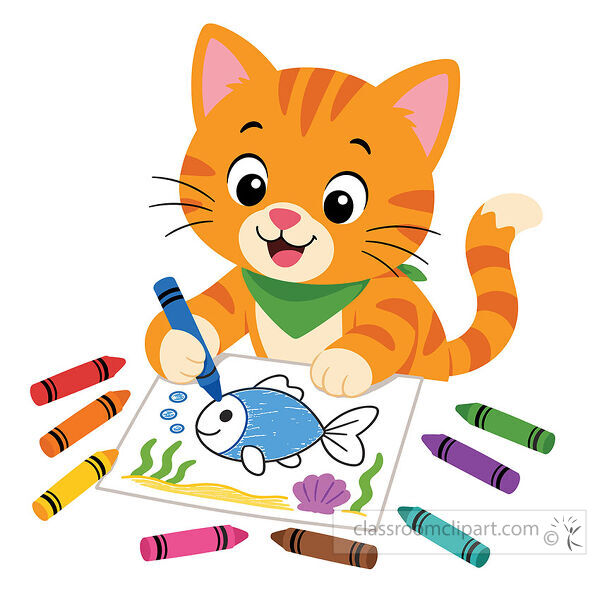 A smiling orange cat with a green scarf colors a fish picture with blue crayon beside scattered crayons