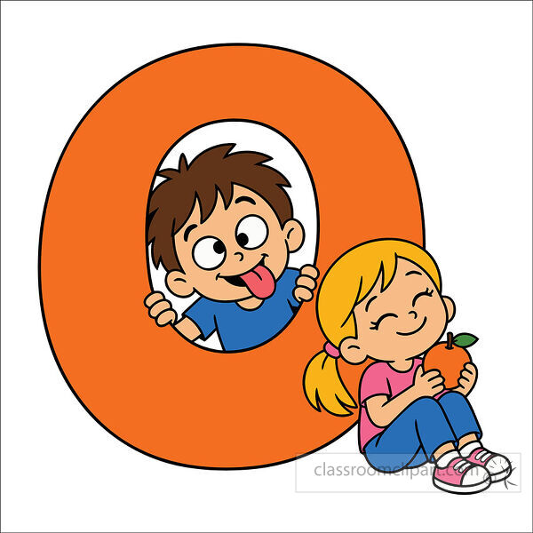 Large orange letter O with a playful boy peeking through the center and a smiling girl seated beside it holding an orange