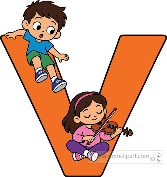 Large orange letter V with a boy sitting on the upper left side and a girl seated inside playing a brown violin