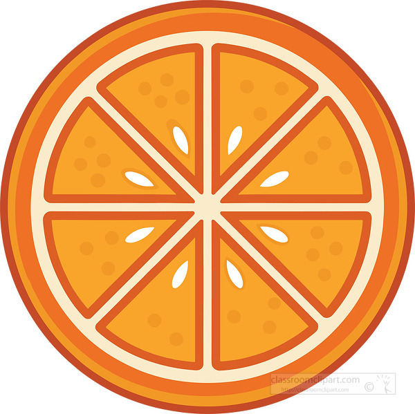 Orange slice shown from above with seeds and pulp details