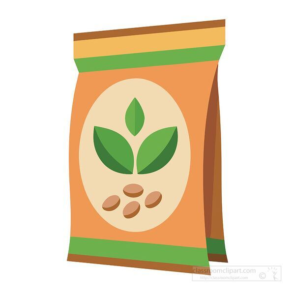 flat vector illustration of a brown seed package featuring green leaf graphics, symbolizing organic farming or gardening