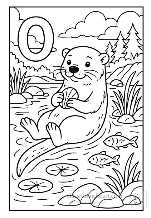 A fun otter coloring page showing an otter holding a shell while floating in its natural river habitat surrounded by fish and aquatic plants