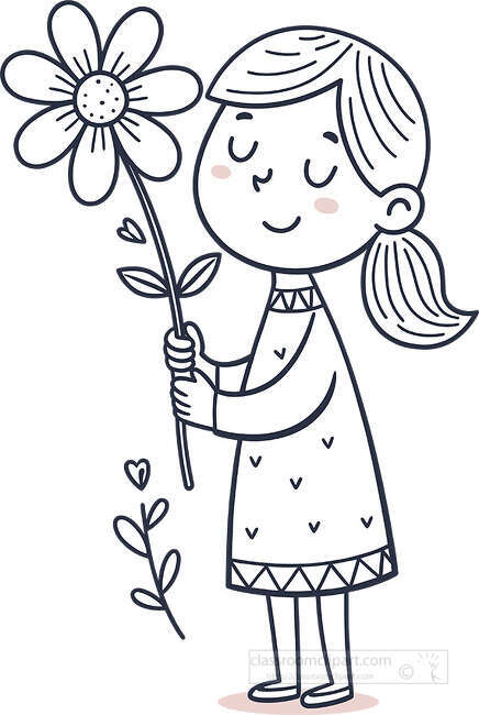 Simple outline girl holding a large daisy flower in a cute coloring page style for kids activities and printables