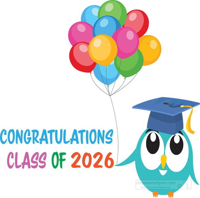 owl cartoon character with balloons congration class 2026 clipart
