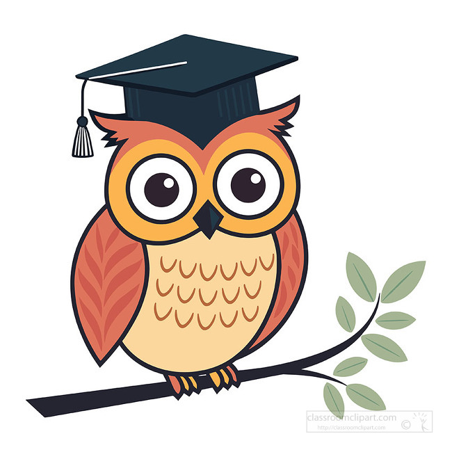 Adorable owl graduate design with a black cap perched on a tree branch for education themed projects
