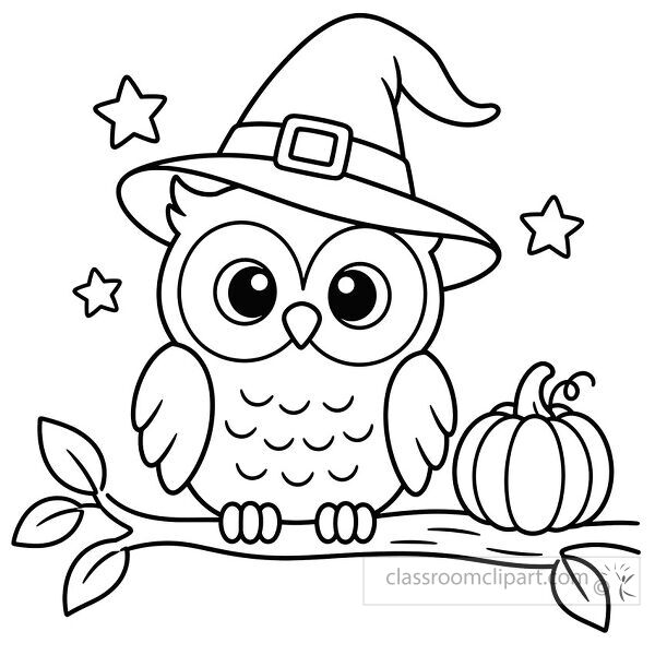 Owl coloring page with witch hat big eyes branch leaves pumpkin and stars for a cute Halloween theme