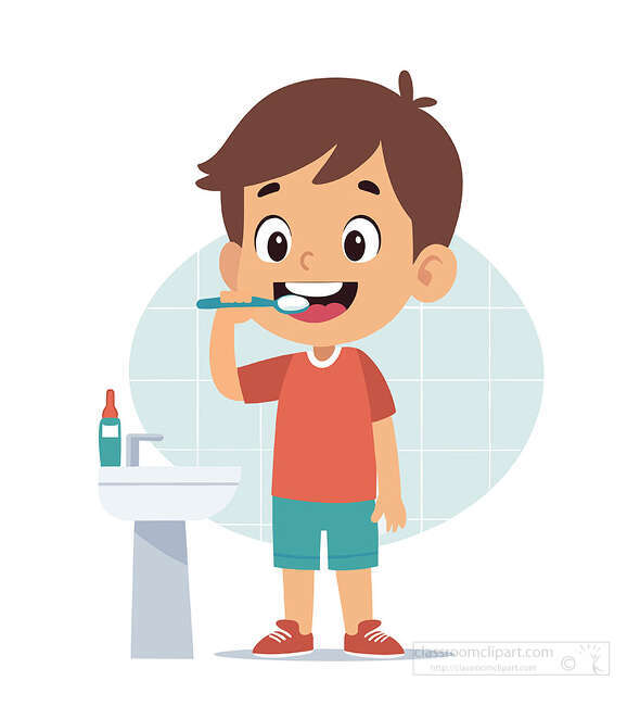 Cute boy brushing teeth near a sink with toothpaste for dental care health lessons and daily routine themes