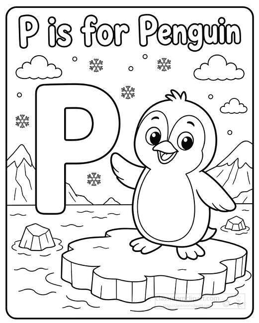 Large letter P and smiling penguin standing on an ice floe with snowflakes clouds mountains and water