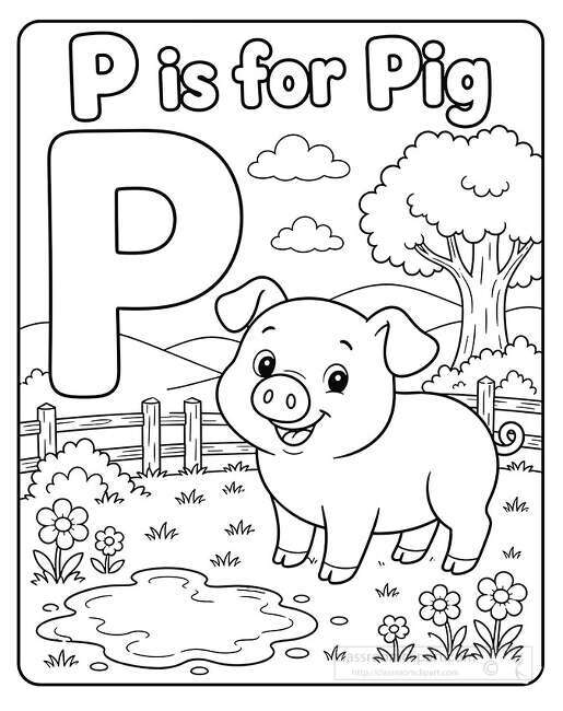 Large letter P with a smiling pig standing in a farm field near a fence flowers puddle clouds and tree