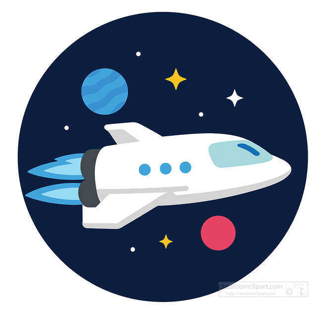 Space shuttle flying past planets with blue rocket flames stars and dark blue circular space background