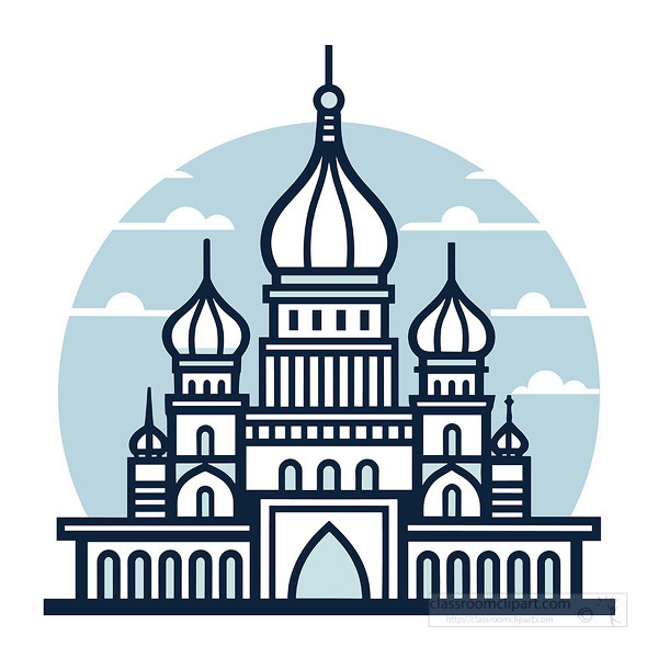 Detailed line illustration of a grand palace style landmark with multiple onion domes arches and towers framed by a circular sky background