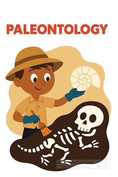 Educational clipart of a cartoon paleontologist digging fossils and bones used for teaching paleontology and dinosaurs