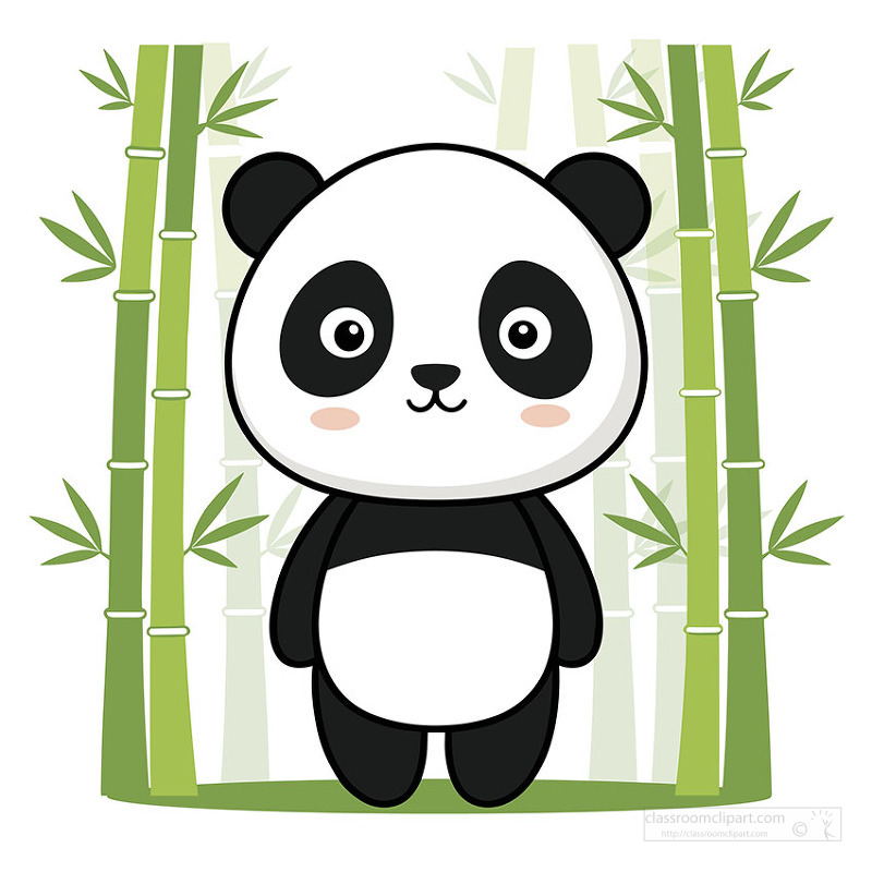 2D illustration of adorable panda surrounded by green bamboo trees