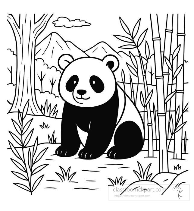 A coloring page of a panda bear sitting in a bamboo forest with mountains in the background representing its natural habitat in China
