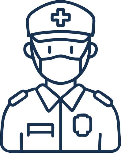 A simple line drawing of a paramedic wearing a uniform and mask with medical symbols.