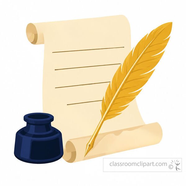 Rolled parchment with writing lines beside a large golden feather quill and dark blue ink bottle