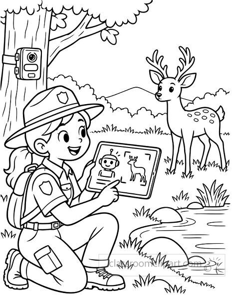 Park ranger uses an AI tablet to observe a spotted deer beside a stream with a wildlife camera mounted on a tree
