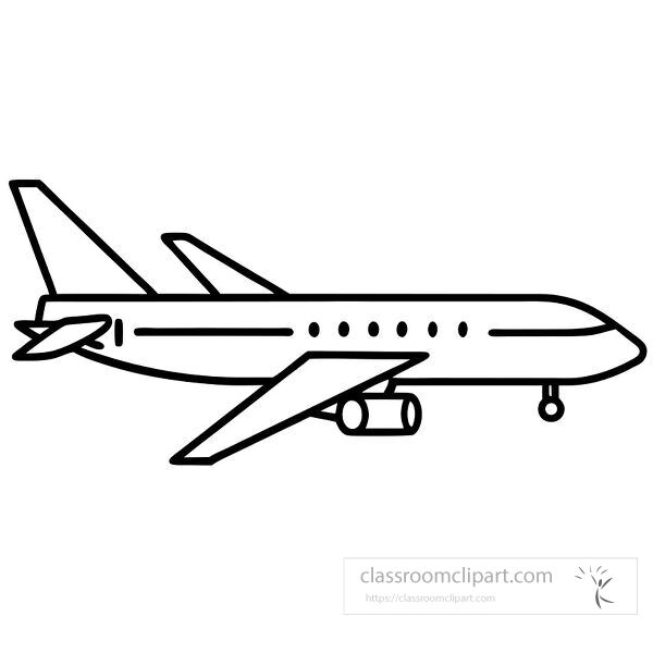 passenger airplane side view wheels down black outline