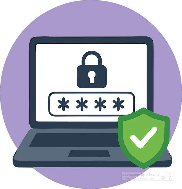 Laptop showing password field lock icon and green shield check mark on a purple circle background