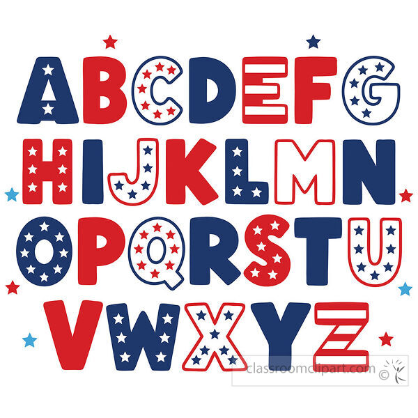 Patriotic alphabet in red white and blue with stars and striped letter details for classroom and holiday learning use