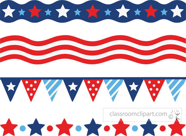 Four patriotic border strips feature stars wavy stripes bunting flags and dots in red white and blue