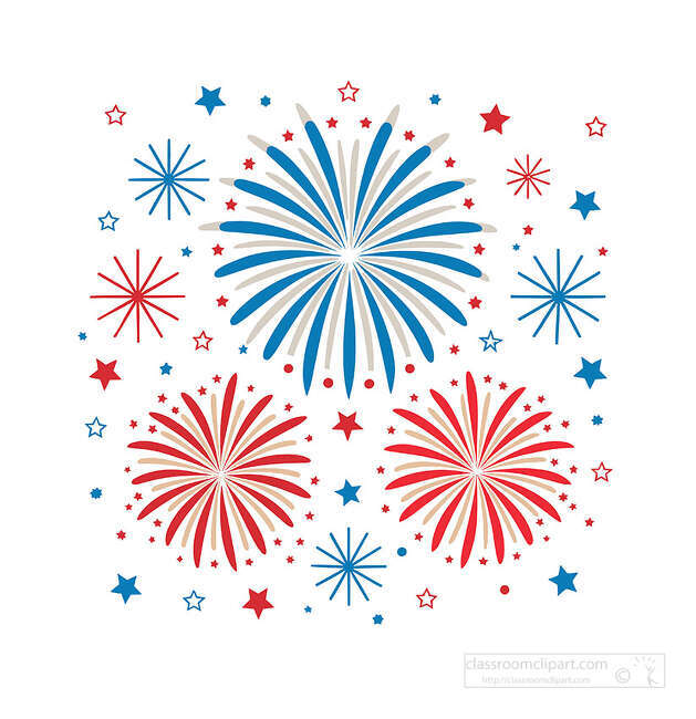Patriotic fireworks bursts with red blue gray stars and dots for Fourth of July celebration use
