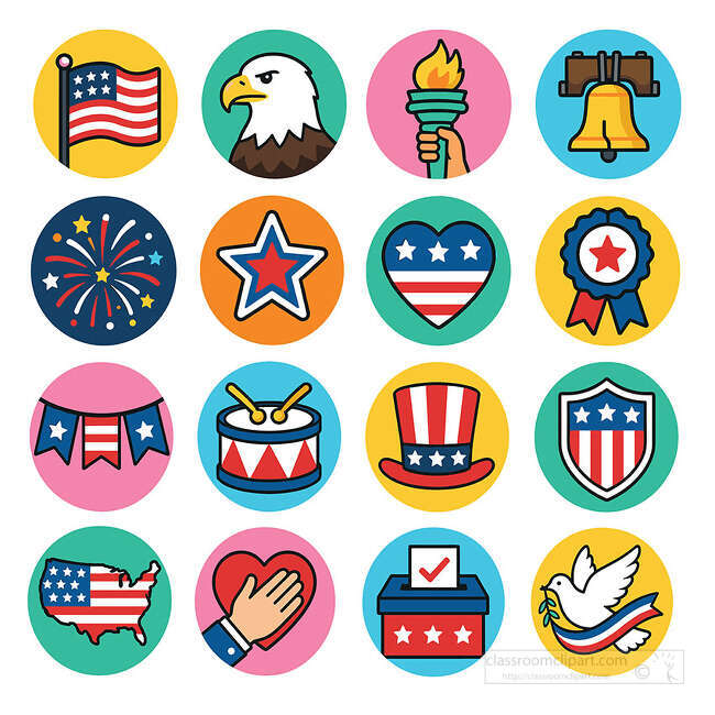Patriotic round icon set with flag eagle torch bell fireworks star heart ribbon drum hat shield map ballot and dove