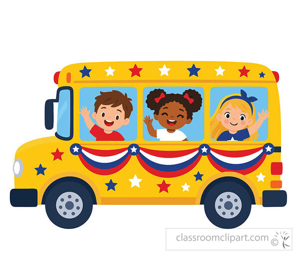 Yellow school bus with three waving children decorated with patriotic bunting and red white and blue stars