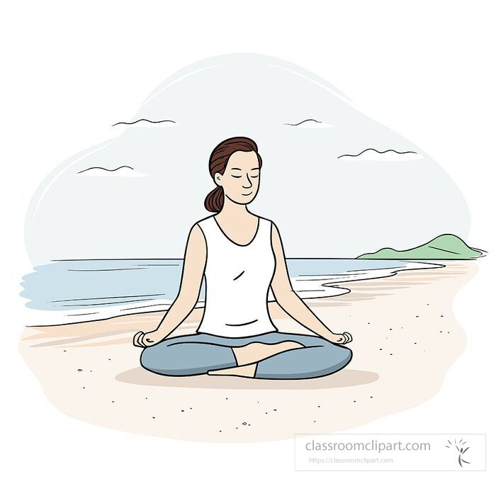 Serene illustration of a woman in meditation pose by the ocean, great for wellness mindfulness and yogathemed content