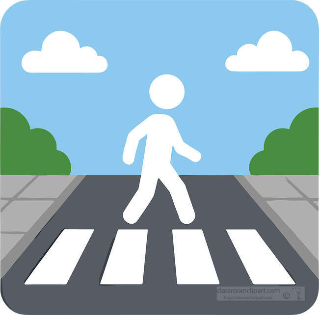 White pedestrian crossing a striped road crosswalk with sidewalks bushes clouds and blue sky