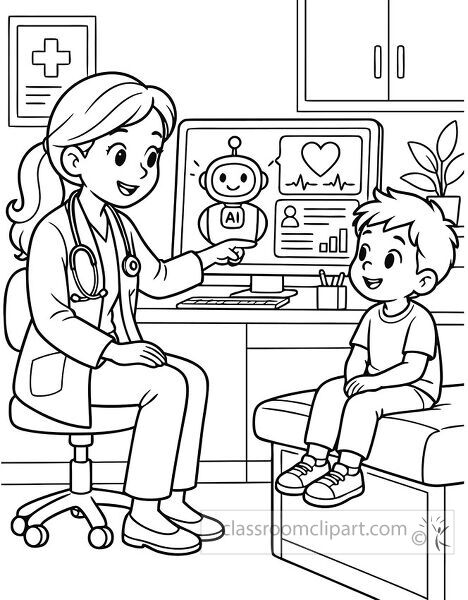Female pediatric doctor explains an AI health monitor with heart readings to a smiling boy during a medical visit