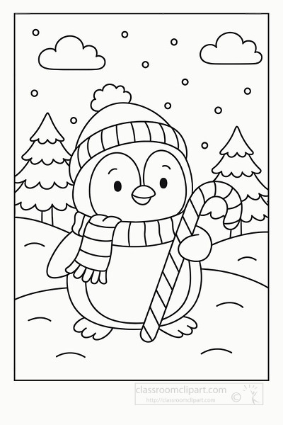 Cute penguin in snowy forest with candy cane winter coloring activity