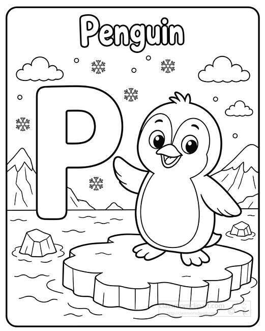 Smiling penguin standing on an ice floe with a large letter P snowflakes clouds mountains and water