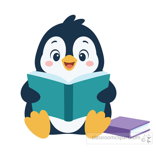 Cute penguin reading a teal book with a purple book beside it for winter classroom and literacy projects