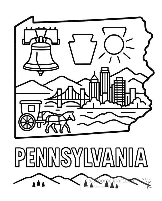printable pennsylvania travel coloring page with liberty bell amish carriage skyline and mountains for student use