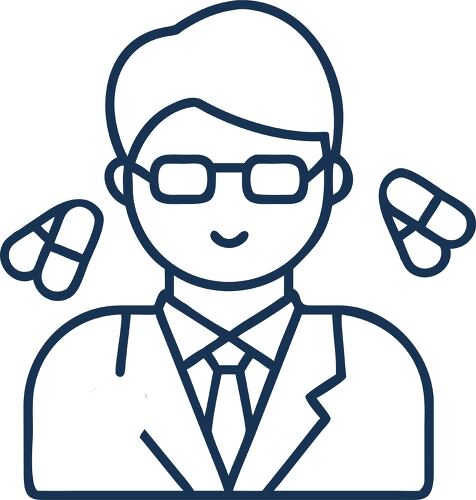 A pharmacist icon shows a professional in glasses with accessories symbolizing healthcare.