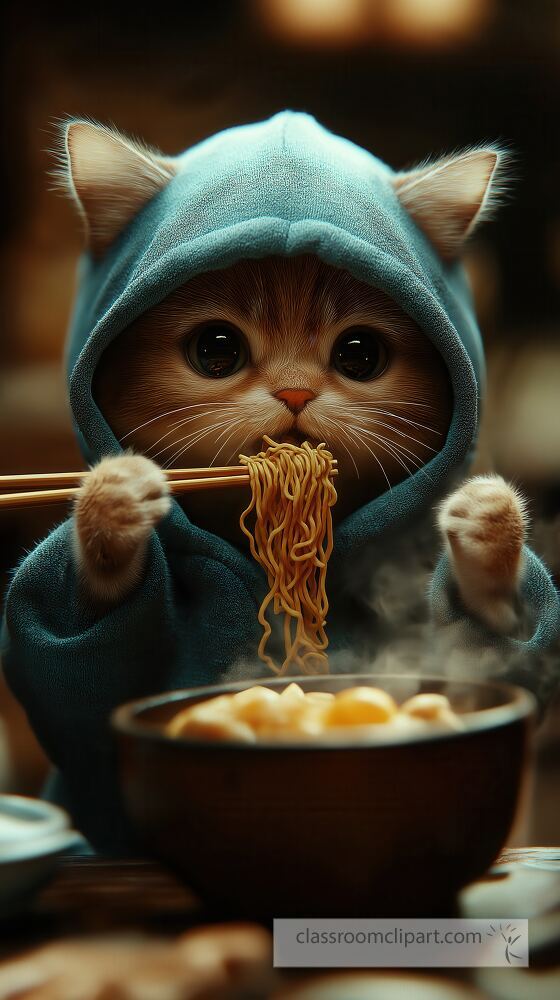 A small cat wearing a blue hoodie sits at a table happily using chopsticks to eat noodles from a steaming bowl The warm atmosphere enhances the delightful moment