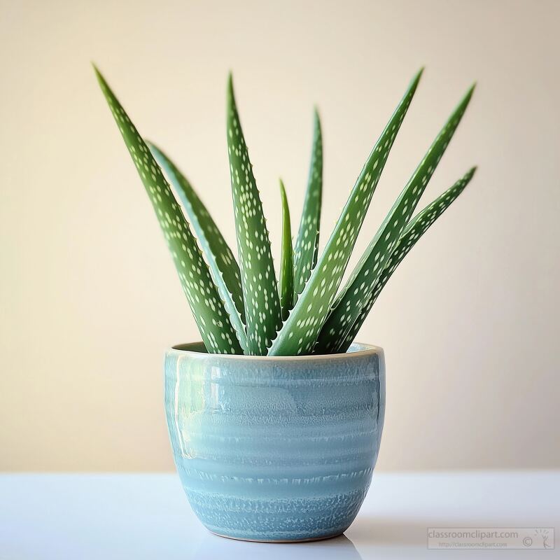 A vibrant aloe vera plant with large green leaves is showcased in a stylish blue pot on a table. The natural light enhances the plant