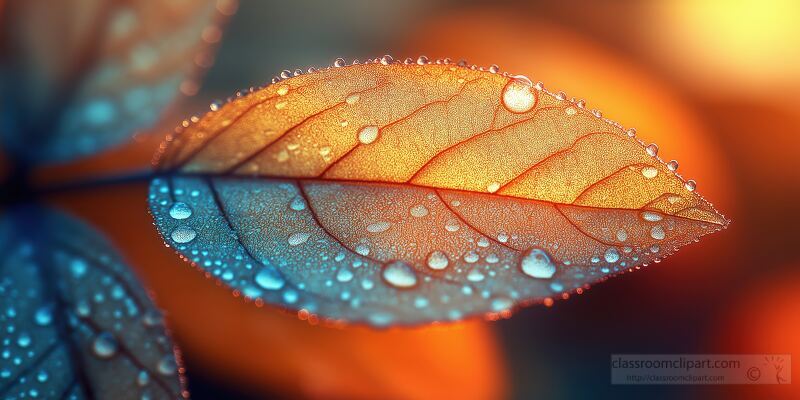 Leaves in vibrant gold orange and green colors shimmer as the wind swirls them around at sunset. The close up highlights intricate leaf veins resembling ice crystals.