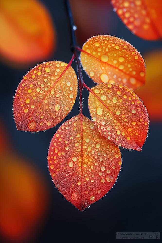 Close up view of colorful autumn leaves adorned with dew droplets. The rich orange and red hues glisten as light reflects off the water droplets creating a serene and refreshing atmosphere.