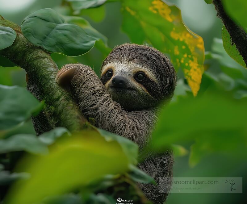 A baby sloth is hugging a tree branch among lush green leaves in Costa Rica This adorable animal appears calm and curious showcasing the beauty of its natural habitat