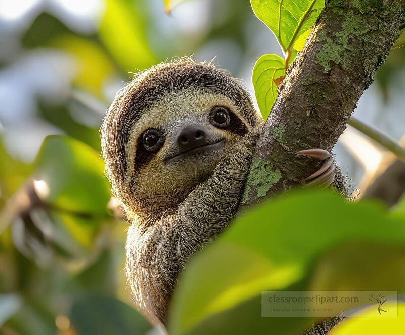 A baby sloth is seen hanging upside down from a tree branch nestled among vibrant green leaves in Costa Rica The adorable creature appears curious and playful in its natural habitat