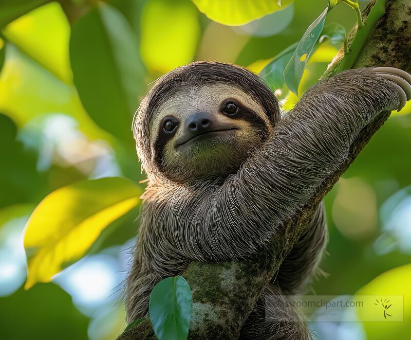 A young sloth clings gently to a tree branch while surrounded by vibrant green leaves Its curious expression and fuzzy coat capture the essence of Costa Ricas wildlife