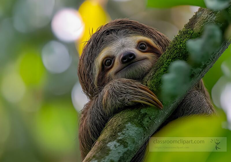 A baby sloth clings to a tree branch in Costa Ricas lush rainforest The creatures curious eyes gaze out from a canopy of vibrant green foliage embodying the essence of wildlife