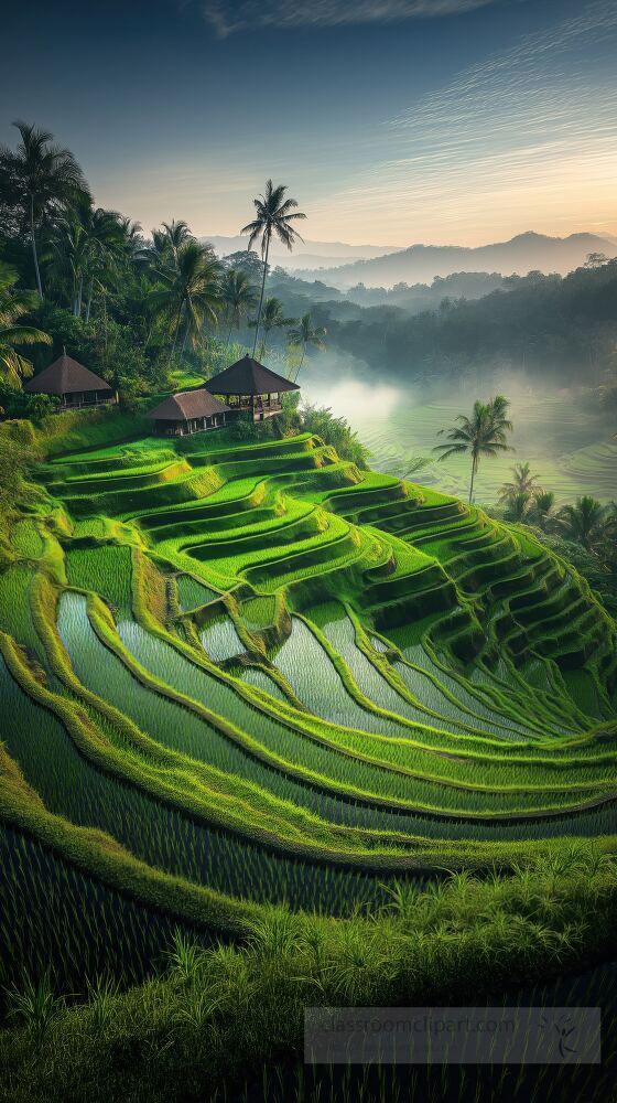 Lush green rice terraces in Bali stretch gracefully under soft sunlight, while gentle mist rises from the valley, creating a serene and mystical atmosphere in the early morning.